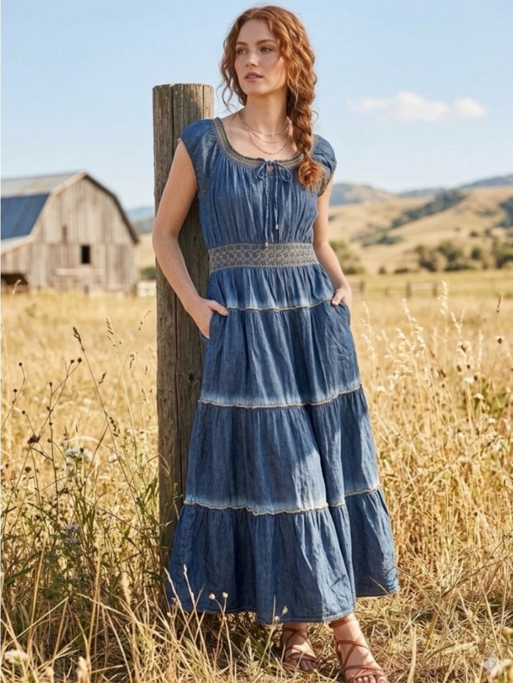 Indigo & Lace Smocked Ruffled Tiered Milkmaid Peasant Chambray Midi Dress Size M
